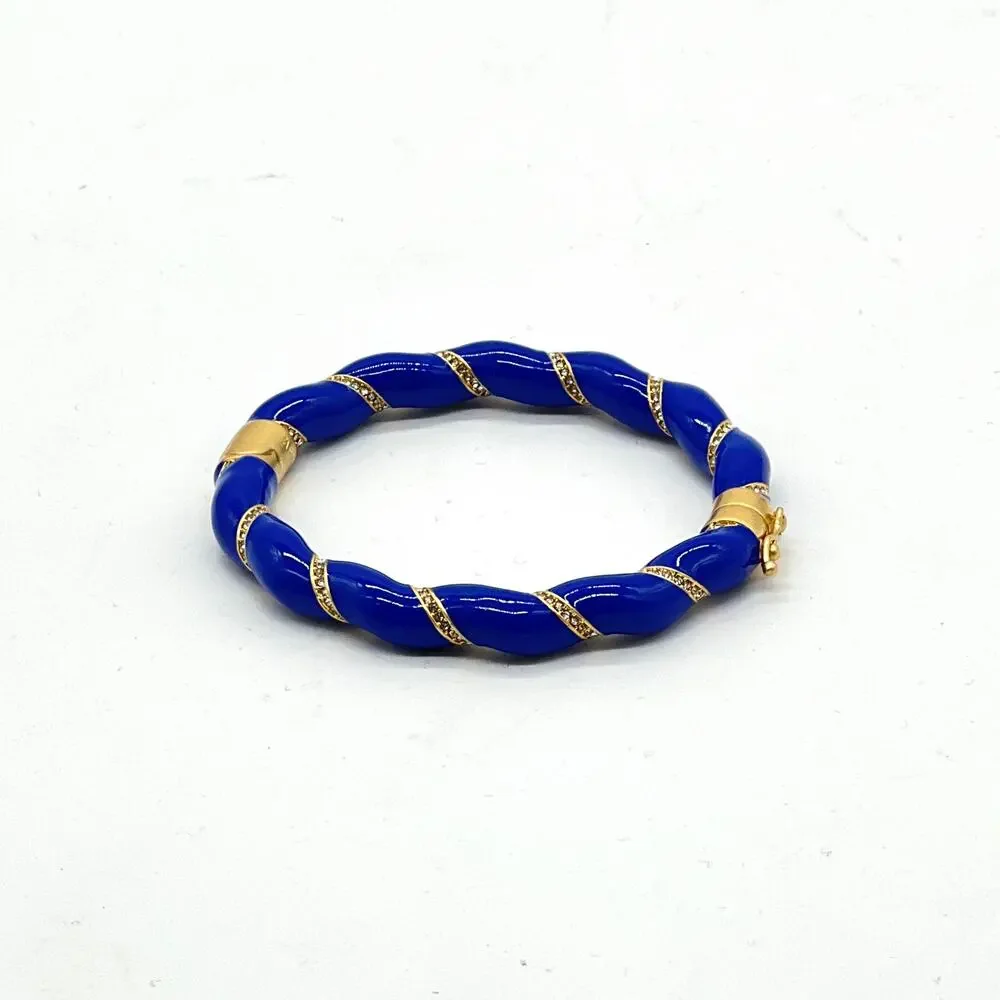 CLARE V Gold Plated Enamel Rope Bangle Bracelet Blue Rhinestone Crystal NEW